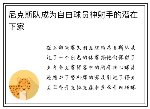 尼克斯队成为自由球员神射手的潜在下家