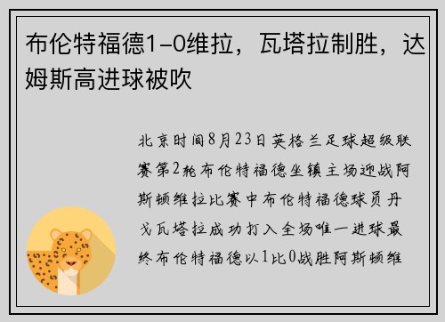 布伦特福德1-0维拉，瓦塔拉制胜，达姆斯高进球被吹